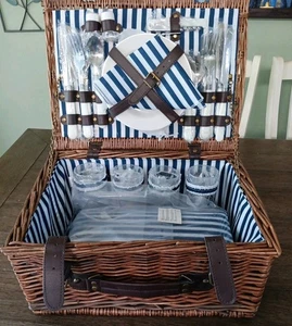 NEW Large Wicker Picnic Basket Set for 4 People Includes all Utensils Plates!! - Picture 1 of 11