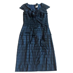 Tadashi Shoji Navy Tiered Sheath Dress Rosette V-Neck Short Sleeve Size 10 Women - Picture 1 of 10