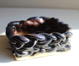 Art School Pottery Student Handmade Bowl Dish Braided Black Brown Square Glossy - Picture 1 of 9