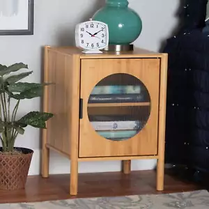 Mid-Century Modern Transitional Natural Brown Bamboo Wood 1-Door End Table - Picture 1 of 10