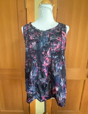 LUCKY BRAND Jersey Top Sin Mangas Estampado Floral Azul Marino y Rosa Transparente L Foto 1 de 4
