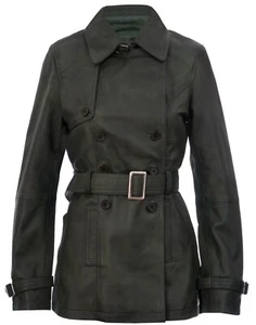 Ladies Leather TRENCH Coat Green | Mid-Length Coat Classic Leather Jacket - Picture 1 of 5