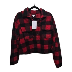 Love Fire Fleece Jacket Womens Size 1X Red Black Plaid Cropped NWT - Picture 1 of 7