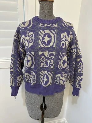 Винтажный 90-х Alafoss Исландии исландский вязаный шерсти хлопок свитер фиолетовый звезды M - Изображение 1 из 4