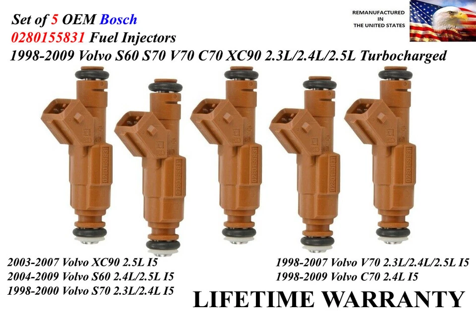 Juego de 5 inyectores de combustible OEM Bosch para Volvo C70 1998-2009 2,4 L I5 turboalimentado Foto 1 de 1
