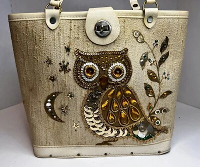 Bolso de mano Mid Century RETRO con lentejuelas bordadas búho estrellas luna CORREA ROTA Foto 1 de 4