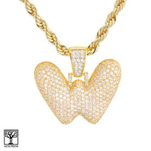 W Initial Custom Bubble Letter Gold Plated Iced CZ Pendant 24" Chain Necklace  - Picture 1 of 4