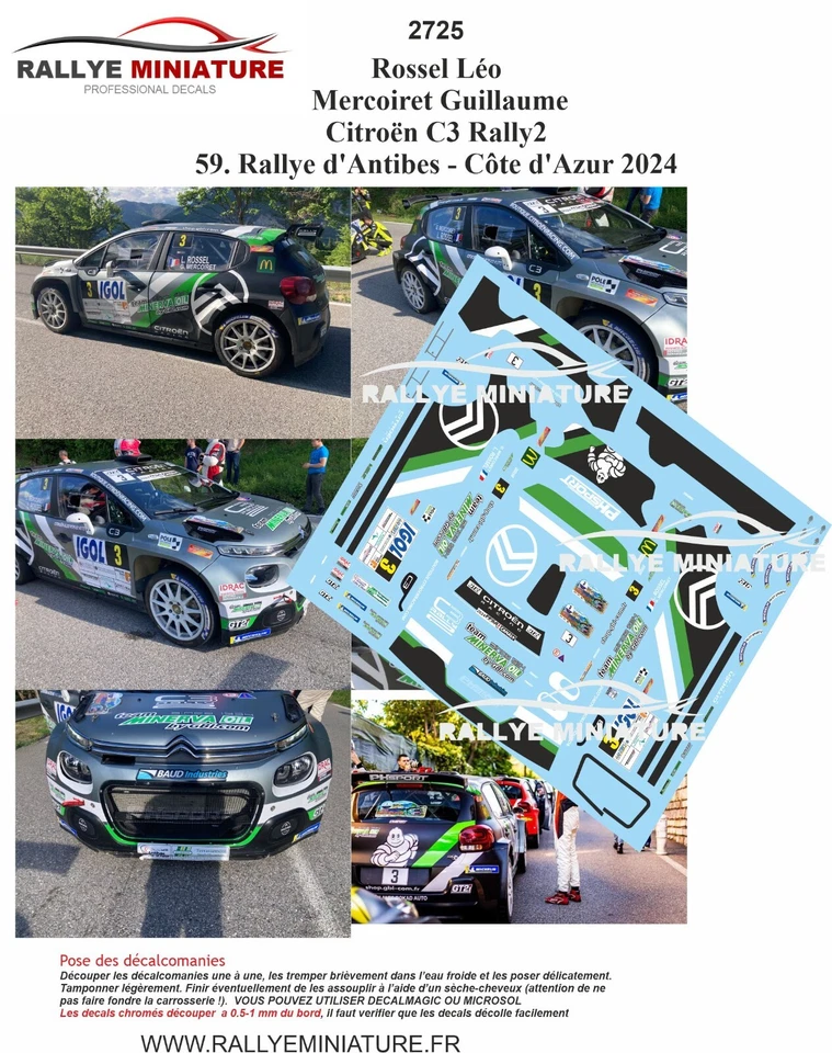 DECALS 1/43 REF 2725 CITROEN C3 ROSSEL RALLYE ANTIBES 2024 RALLY - Photo 1/1