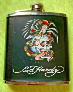 Edelstahl Ed Hardy 6oz Flachmann - Ed Hardy Tattoo Totenkopf/Adler/Schlange - Bild 1 von 4