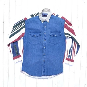 Vintage Wrangler Long Sleeve Striped Denim Western Cowboy Button Shirt Medium - Picture 1 of 9