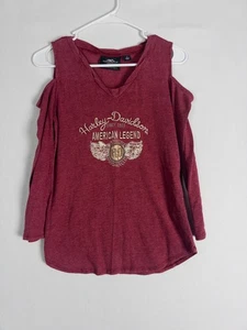 Harley Davidson Bluse Damen XS Rot Open Shouder Logo Langarm Baumwollmischung - Bild 1 von 8