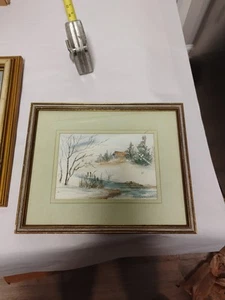 Pintura Acuarela Enmarcada 10.5"x9"/Marco Aspecto Dorado/Escena de Paisaje de Invierno - Imagen 1 de 8