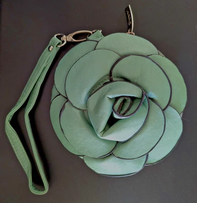 Mint Green Rose Flower Wristlet Purse Wrist Strap Leatherlike PVC 5" Across CUTE - Image 1 of 4