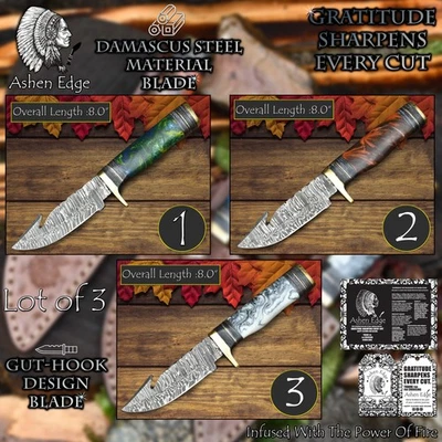 Ashen Edge Hunting Skinner Knife w/Gut Hook Twist Damascus Micarta Lot of 3 - Image 1 of 4