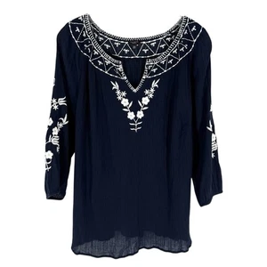 Talbots Blouse Womens 2X P Navy Blue Embroidered Crinkle Gauze Flowy Lightweight - Picture 1 of 8