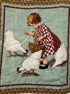 Vintage Quilt Farmhouse Chickens Little Girl - Picture 1 of 7