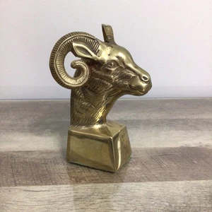 Vintage Single Brass Ram Head Bookend Sculpture ~ ENGRAVED SEE PHOTOS - Picture 1 of 13