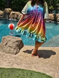 Maya Antonia Hand Tie-Dye Rainbow/Cotton Mini Dress/Pockets/Ruffle/Plus Size - Picture 1 of 12
