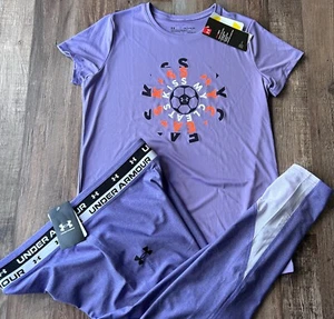 Neu mit Etikett Under Armour YXL Mädchen lavendel/schwarz Kiss My Cleats Fußball Leggings Set - Bild 1 von 5
