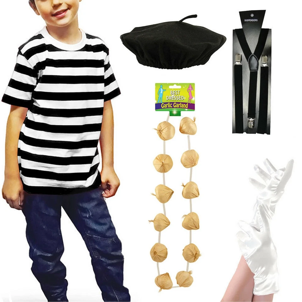 New Kids French Man Mime Artist Fancy Dress T Shirt Beret Braces Gloves Costume - Image 1 of 1