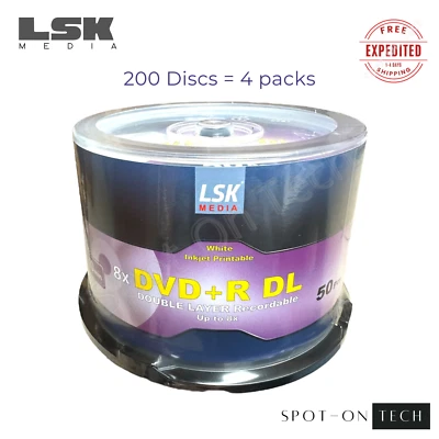 200 LSK DVD DVD+R DL 8x Dual Double Layer White Inkjet print 8.5GB 240Min Dup hp - Image 1 of 4