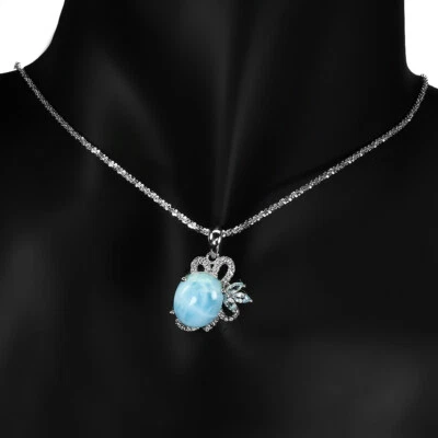 925 Argento Sterling Collana Ovale Larimar 14x10mm Topazio Naturale Gemma Gioie - Immagine 1 di 4