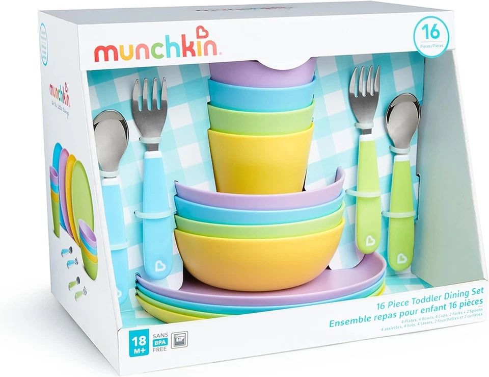 Munchkin 46801 16 Piece Plastic Multi-Color Toddler Dining Set