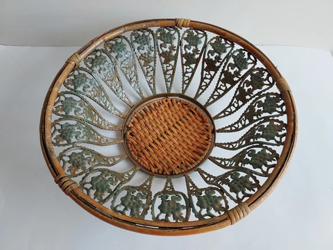 VTG Wrought Iron Wicker Round Basket Bread Fruit Trinket Display Storage 13"×4" Cover