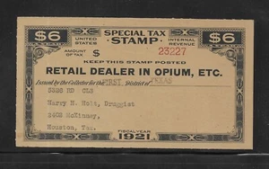 US Revenues; Special Tax Stamp; Retail Dealer in Opium usw.; FYE 1921 - Bild 1 von 2