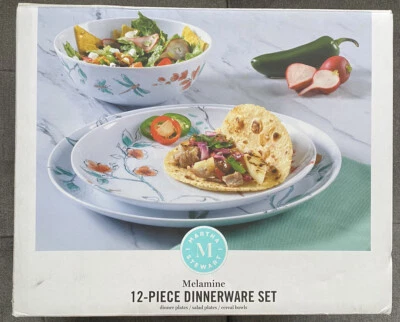 JUEGO DE VAJILLA MARTHA STEWART 12 PIEZAS MELAMINA LIBÉLULA NUEVA CAJA ABIERTA Foto 1 de 4