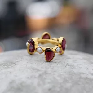 Natural Raw Ruby & Pearl Gemstone Handmade Fashionable Gold Plated Ring Jewelry - Picture 1 of 16