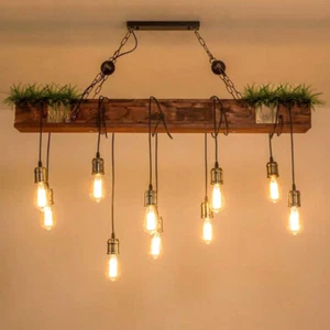Lampadario Industriale Lampada a Sospensione in Legno Rustico Marrone Grandi Tra - Foto 1 di 12