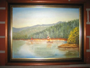 1984 MAROONDAH DAM framed oil on board by Elizabeth (Marks) Montgomery 37 x 47cm - Picture 1 of 10