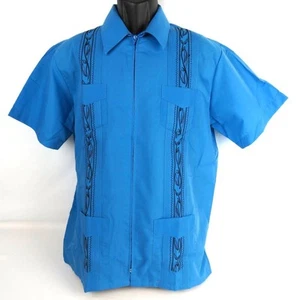 The Genuine HABAND Guayabera Size M Zip Up 4 Pocket Embroidered Cuban Shirt Blue - Picture 1 of 5