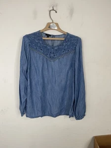 Talbots Damen L blau Chambray bestickt Langarm Oberteil Bluse - Bild 1 von 9