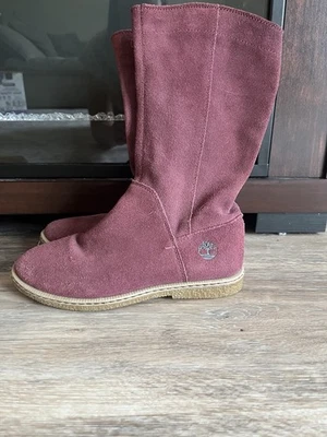 TIMBERLAND Sz. 2.5 Suede Maroon Wine Colored Girls Kids Tall Heel Boots - Image 1 of 4