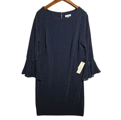 NWT Calvin Klein Sparkly Navy Sheath Dress 16W Sheer Bell Sleeves Holiday Event - Image 1 of 4