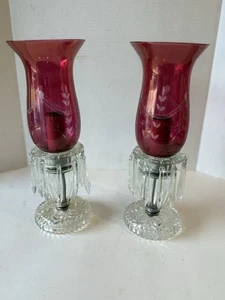 Vintage Pair Of Cranberry Hurricane Lamps - Picture 1 of 4
