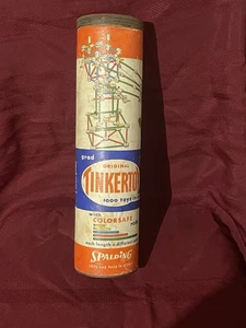 Vintage Spalding Tinkertoy Set 50er-60er Jahre Holzbau Spielzeug Röhre Metalldeckel - Bild 1 von 11