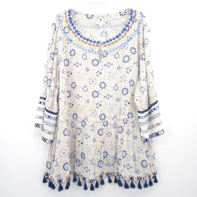 J. Jill NWT embroidered tassel tunic top Size 3X blue 3/4 flare sleeve Boho - Image 1 of 4