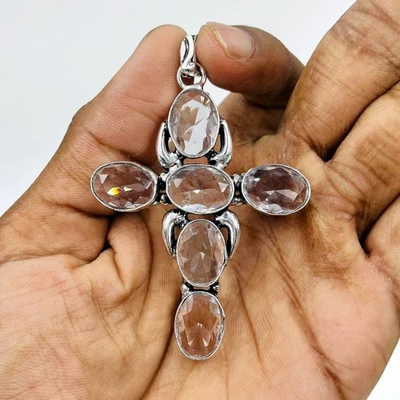 925 Sterling Silver Natural Rose Cut White Topaz Gemstone Jewelry Cross Pendant Foto 1 de 4