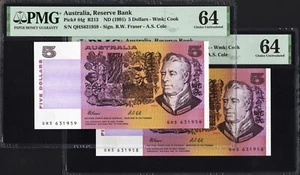 Australia 2 x 5 Dollars P44g R213 1991 Fraser Cole PMG64 Choice UNC Banknote SET - Picture 1 of 5