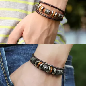 Boys Mens Wrist Leather Bracelet Wristband Bangle Punk Beaded Surfer Wrap Gifts - Picture 1 of 11