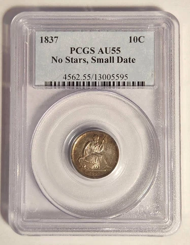 1837 P Liberty Seated Dime PCGS AU-55 - No Stars - Small Date Cover
