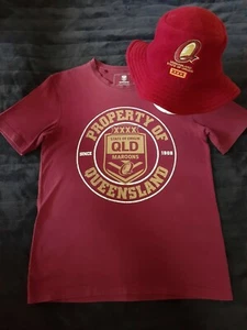 State Of Origin QLD Maroons XXXX ~ Vintage Fleece Bucket Hat & T-Shirt~NRL~{VGC} - Picture 1 of 8