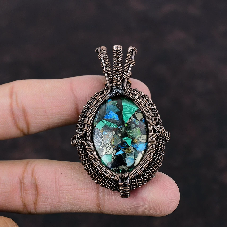 Подвеска в виде проволоки из азурита малахита ручной работы медь подарок 2,36 дюйма - Изображение 1 из 4