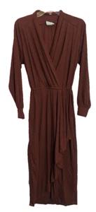 Vtg TOBRIA Brown Long Sleeve V-Neck Faux Wrap Draped Midi Pencil Dress Sz 10 N1 - Picture 1 of 9