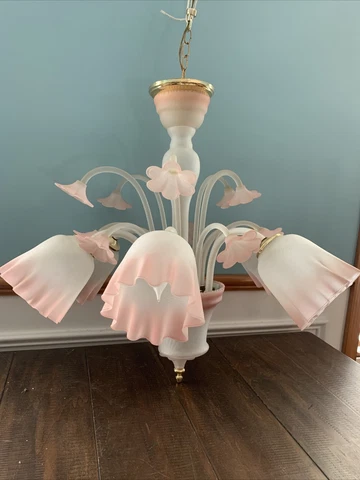 Frosted pink MURANO Glass art Chandelier Mid century retro 5 Light arms 1960's Cover
