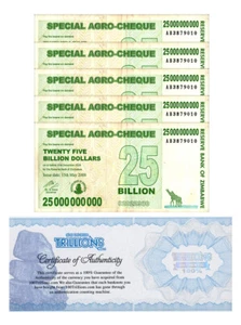 5 Zimbabwe 25 Billion Special Agro Cheque banknote 2008, P-62 USED COA - Picture 1 of 1