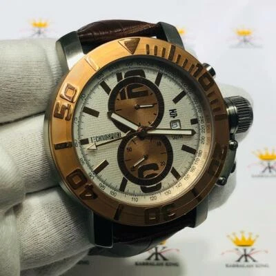 Часы хронограф TechnoSport розовое золото нержавеющая сталь большой циферблат коричневая кожа - Изображение 1 из 4